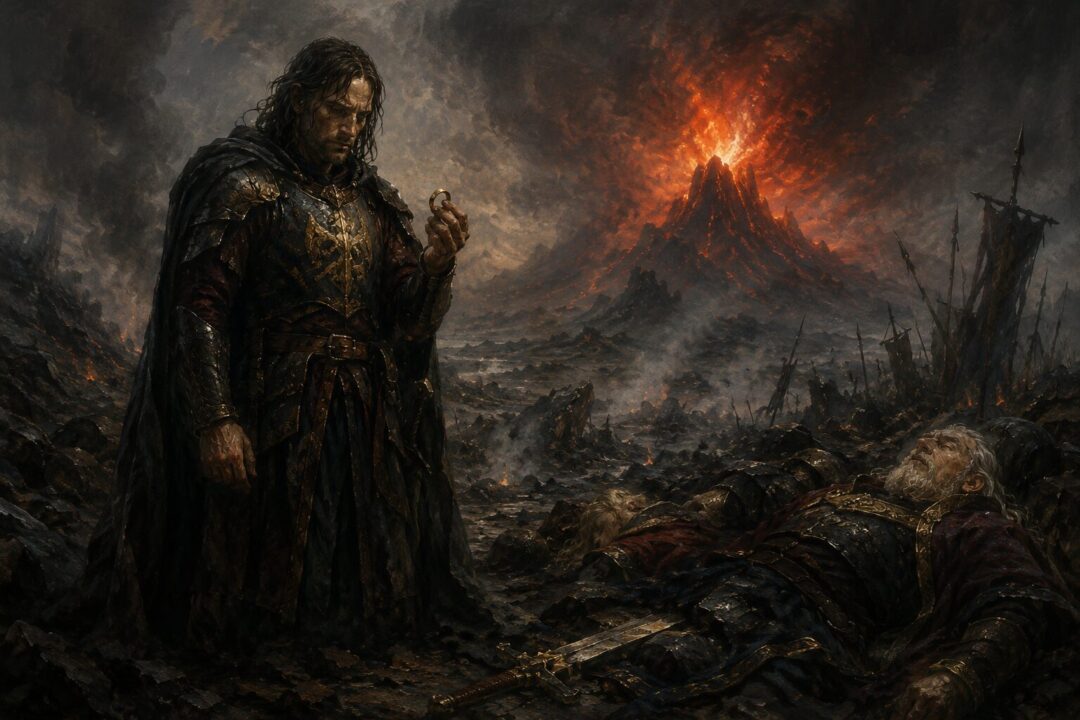 Isildur holding the One Ring after Sauron's defeat on the slopes of Orodruin.