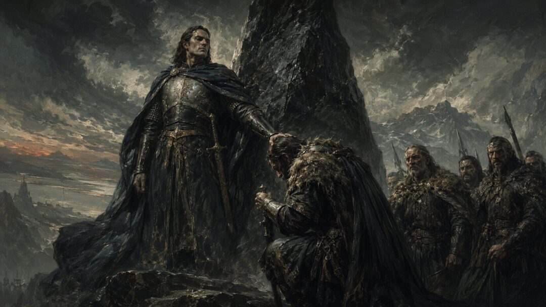 Isildur receives the oath of the mountain king beside the black Stone of Erech.