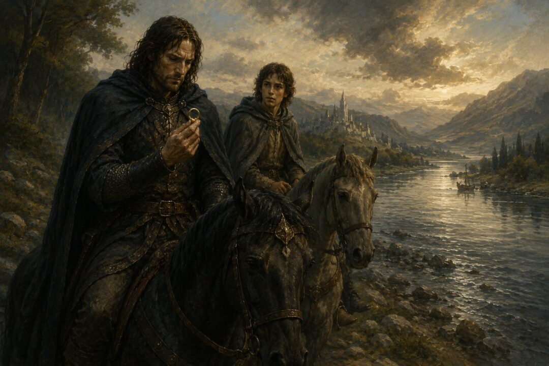 Isildur traveling near the Anduin while contemplating the growing burden of the One Ring.