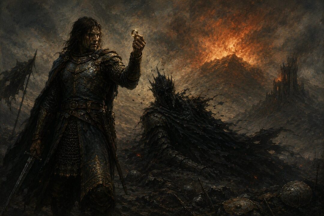 Isildur holding the One Ring after Sauron's defeat at the end of the Last Alliance