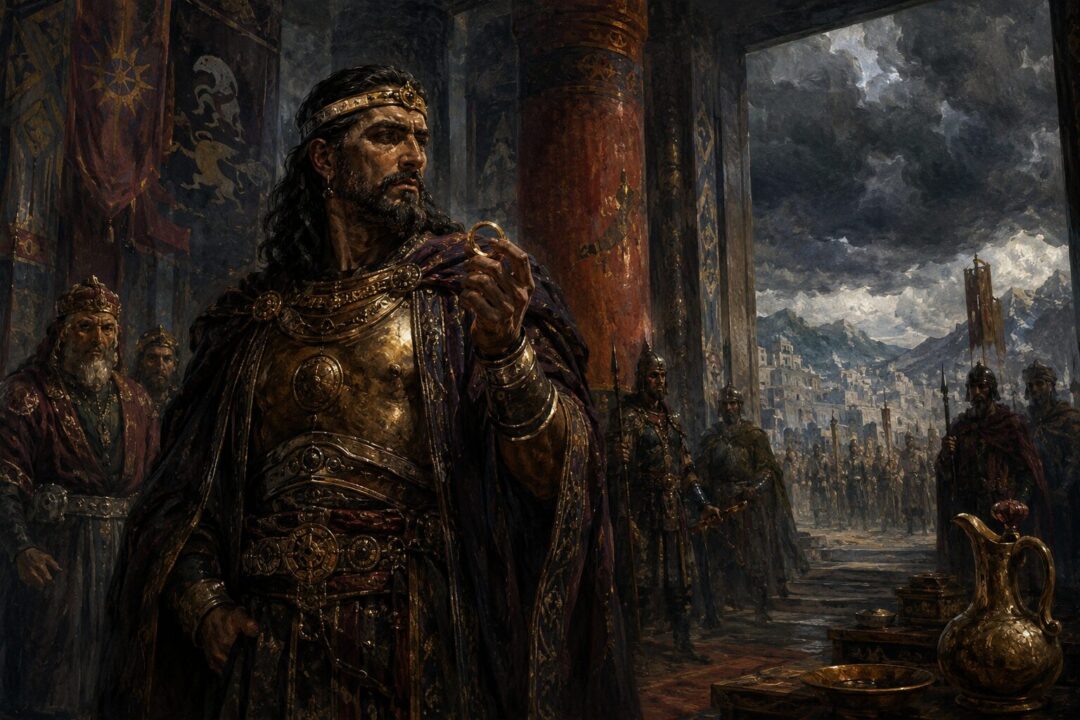 Khamûl as a powerful Easterling ruler receiving a Ring of Power before his corruption