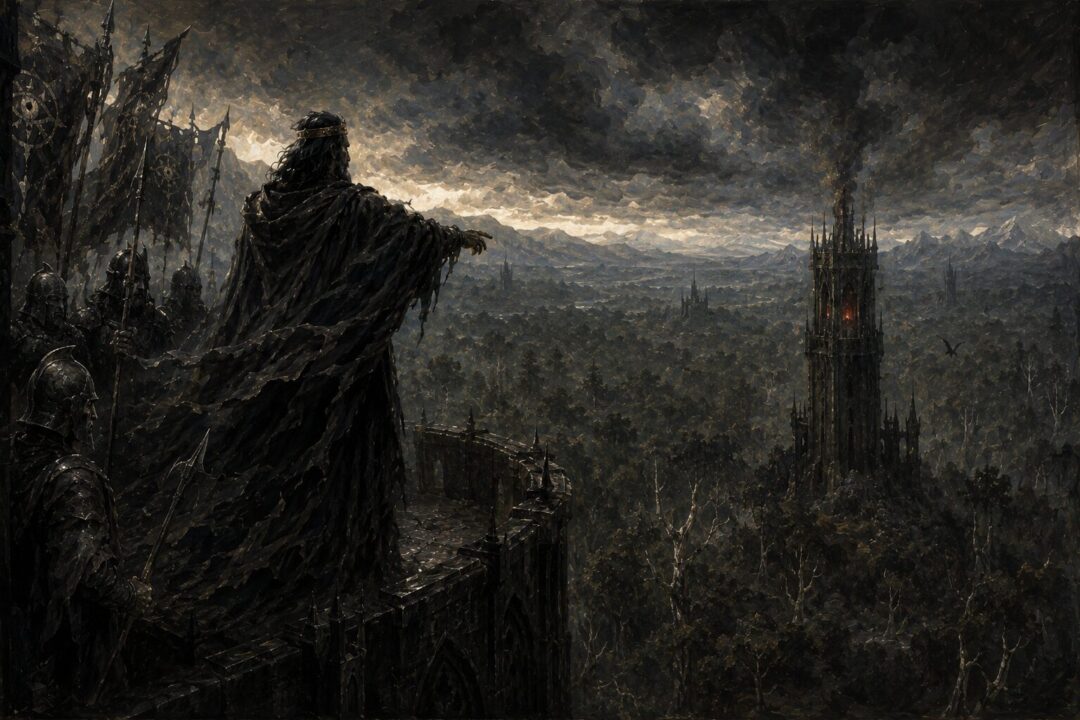 Khamûl searching for the One Ring near hidden hobbits in the Shire