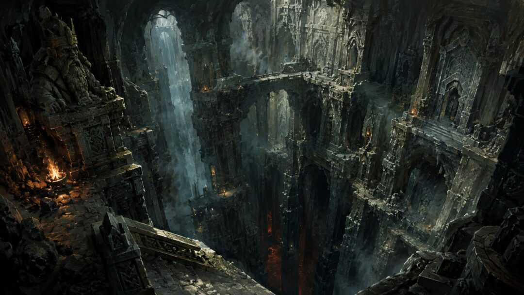 Vast vertical depths of Khazad-dûm descending into darkness beneath ruined halls
