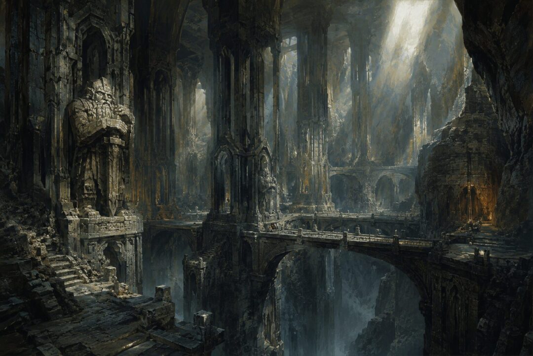 Ancient abandoned hall of Khazad-dûm showing the enduring memory of Dwarven civilization.