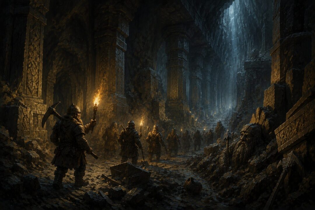 Dwarven expedition in the deep mines of Khazad-dûm surrounded by ancient stone pillars and remnants of labor