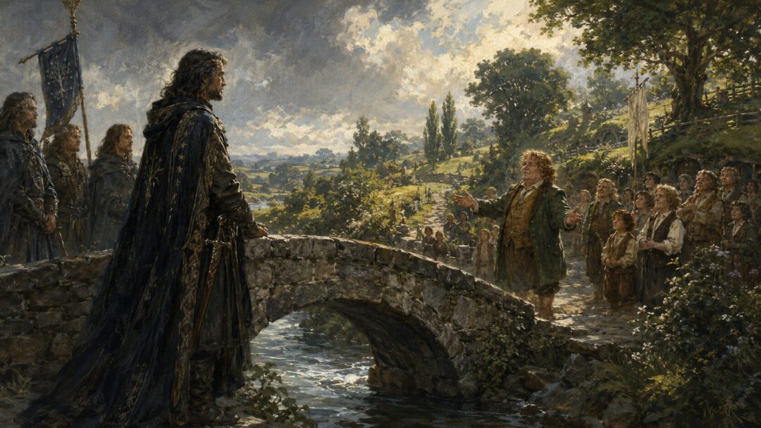 King Elessar stops at Brandywine Bridge to greet Hobbits without entering the protected Shire.