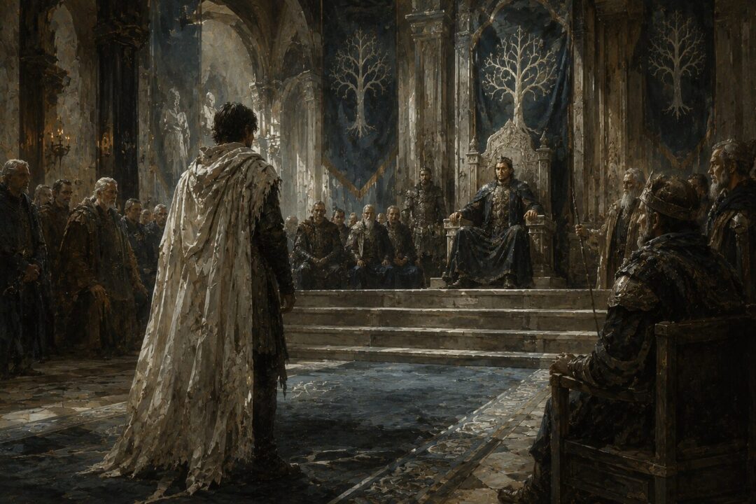 King Elessar delivers judgment on Beregond after the War of the Ring.