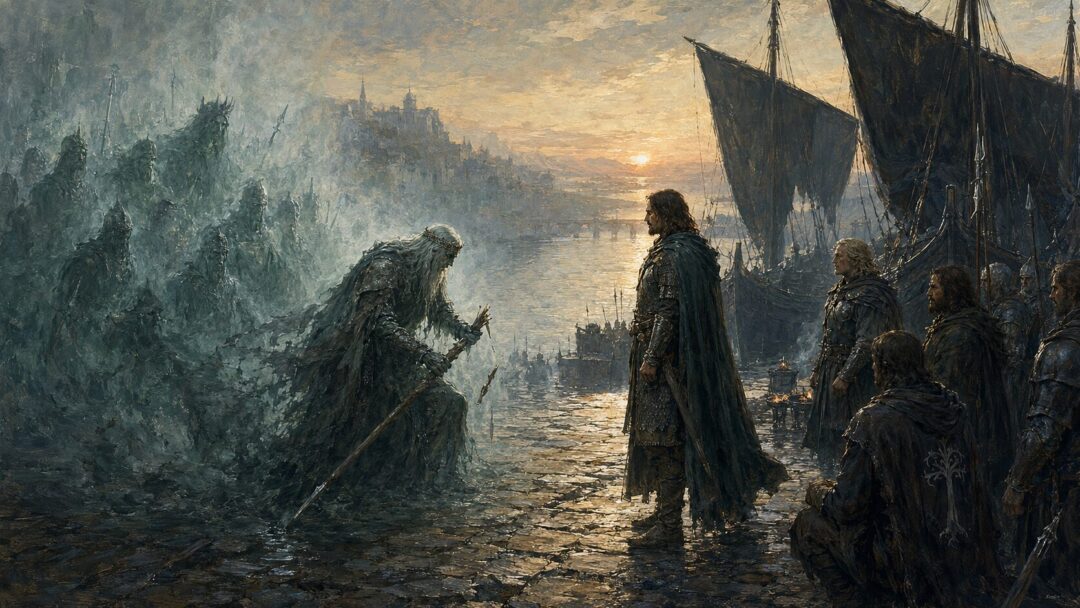 The King of the Dead breaks his spear and bows as the Oathbreakers are released.