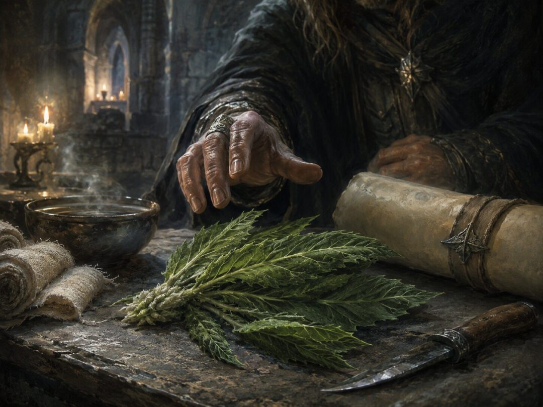 Fresh athelas leaves on a stone table with healing tools in the Houses of Healing