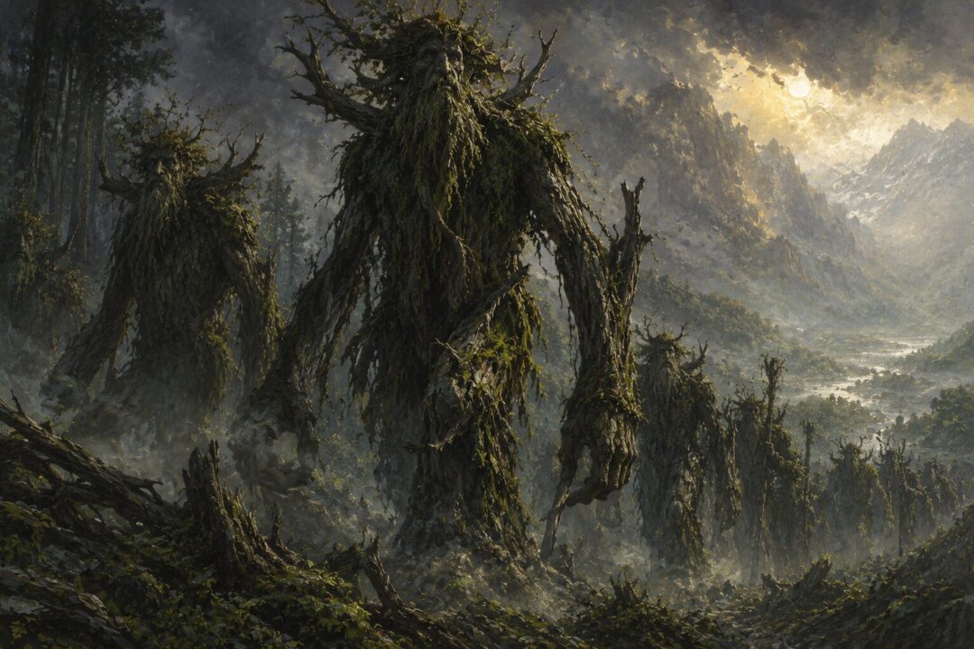 The Ents marching out of Fangorn Forest with grave faces and moving branches