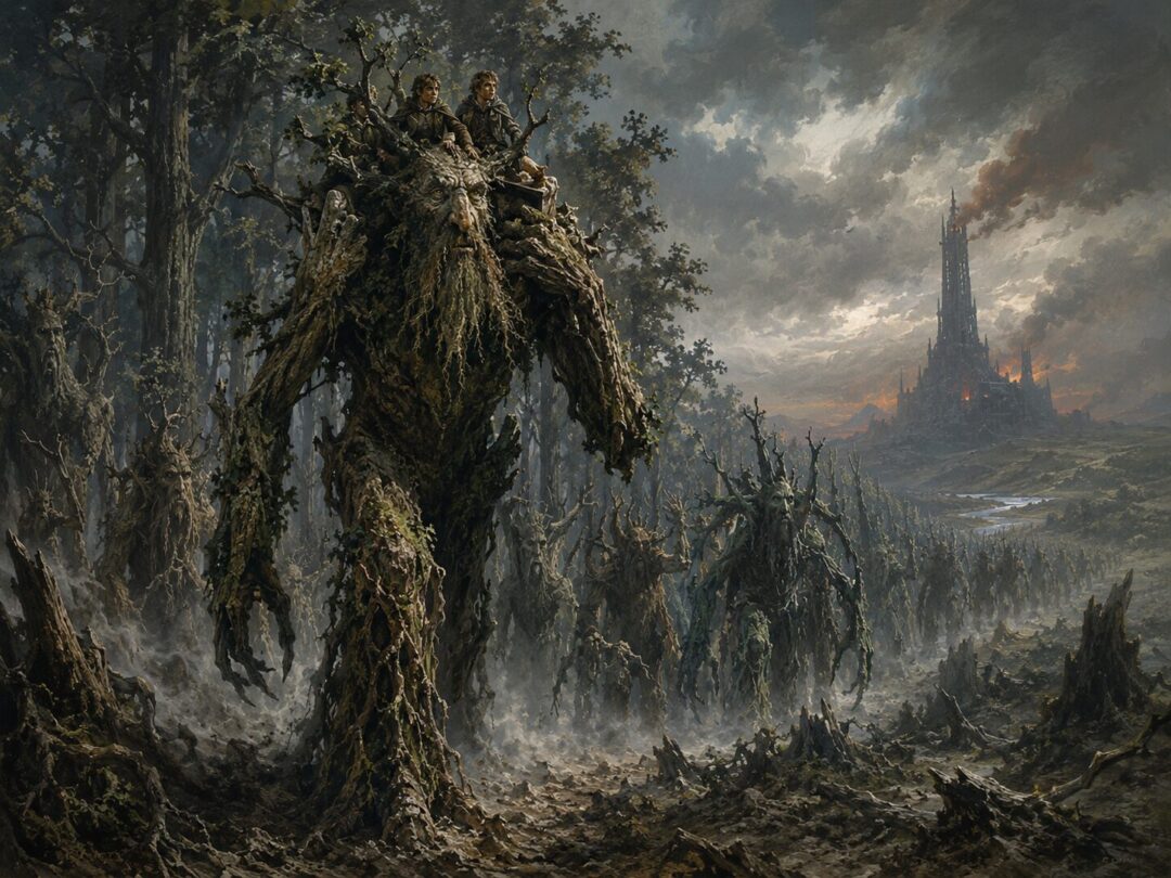 Treebeard leading the Ents from Fangorn on their last march toward Isengard.
