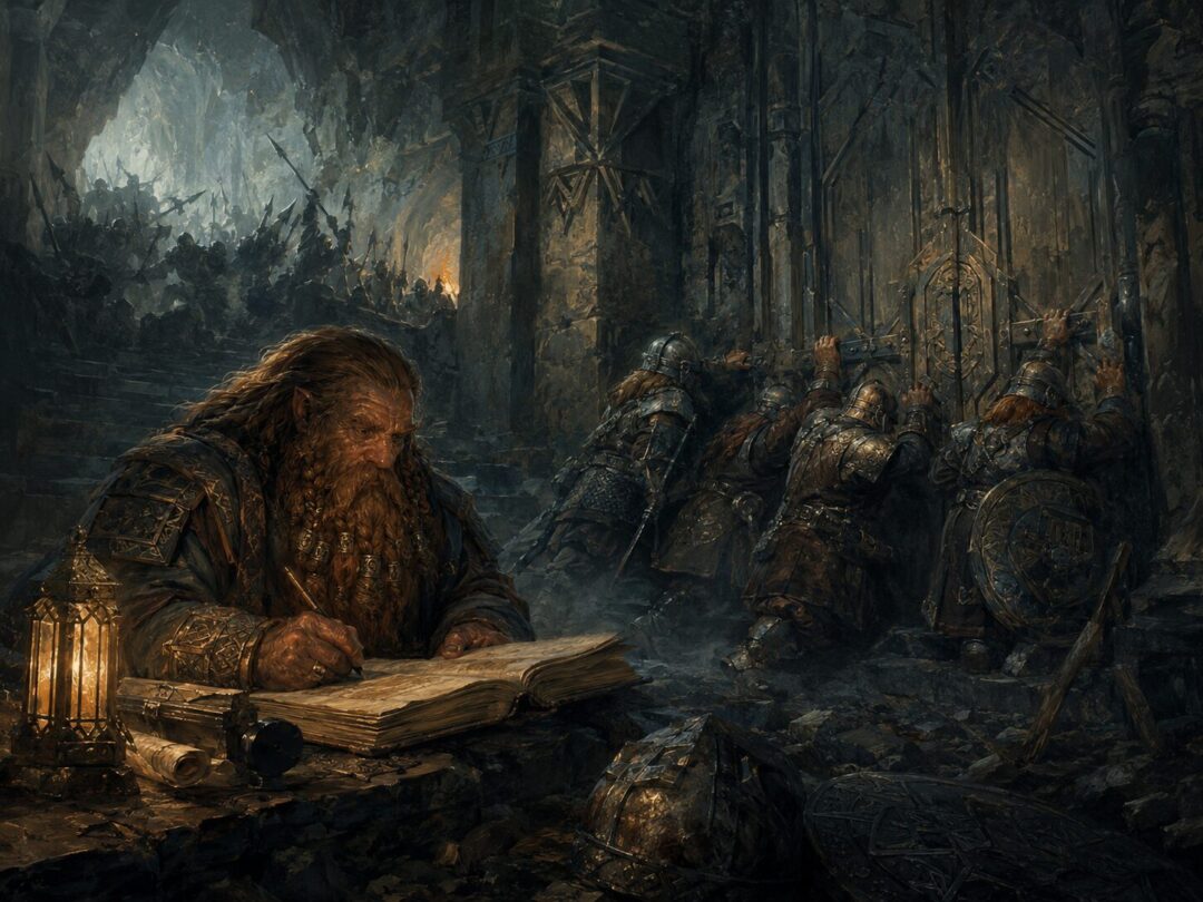 A weary Dwarven scribe writes by lantern light as defenders brace the chamber door in Moria.