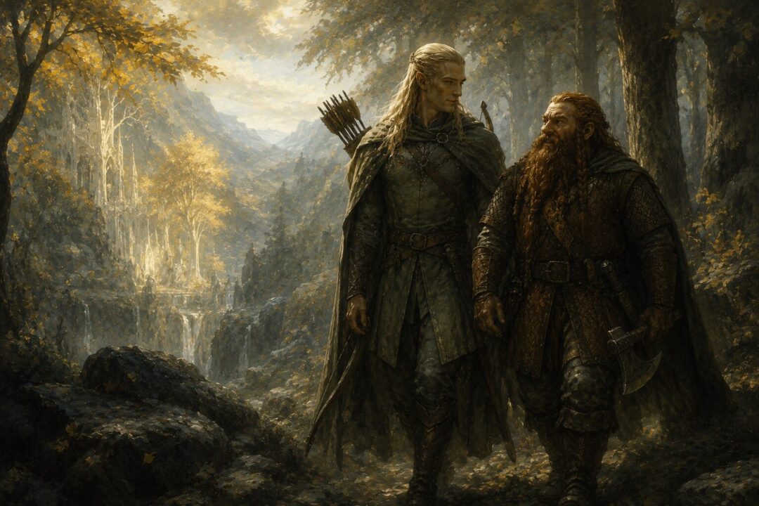 Legolas and Gimli journey together after leaving Lothlórien as their friendship grows.