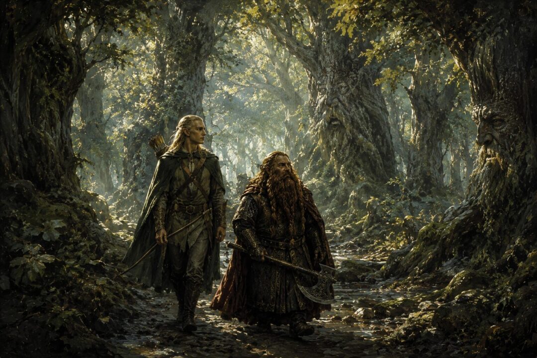 Legolas and Gimli walking together through the ancient forest of Fangorn