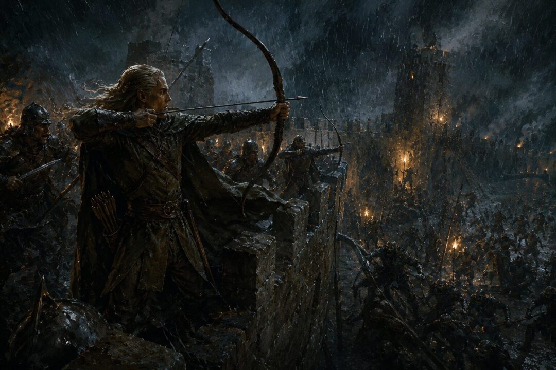 Legolas defending Helm's Deep with precise archery during the great battle.