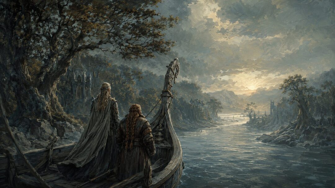 Legolas and Gimli sail together on a grey ship down the Anduin from Ithilien.