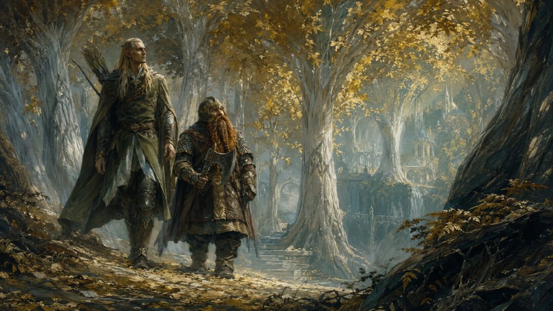 Legolas and Gimli walk together beneath the golden trees of Lothlórien.