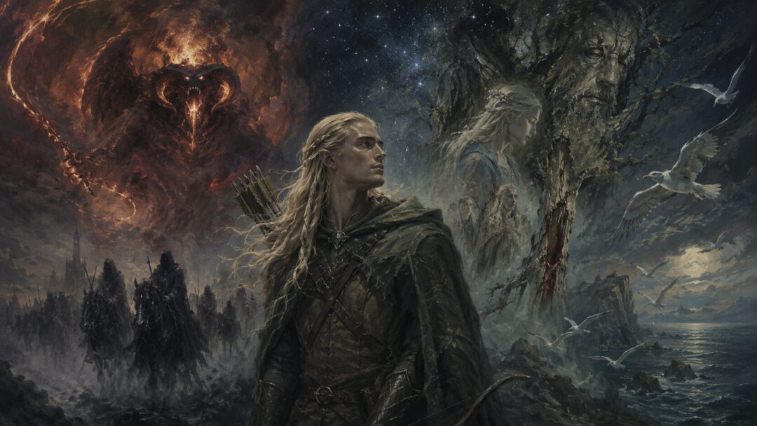 Legolas drawing his bow at a winged Nazgûl above the River Anduin at night