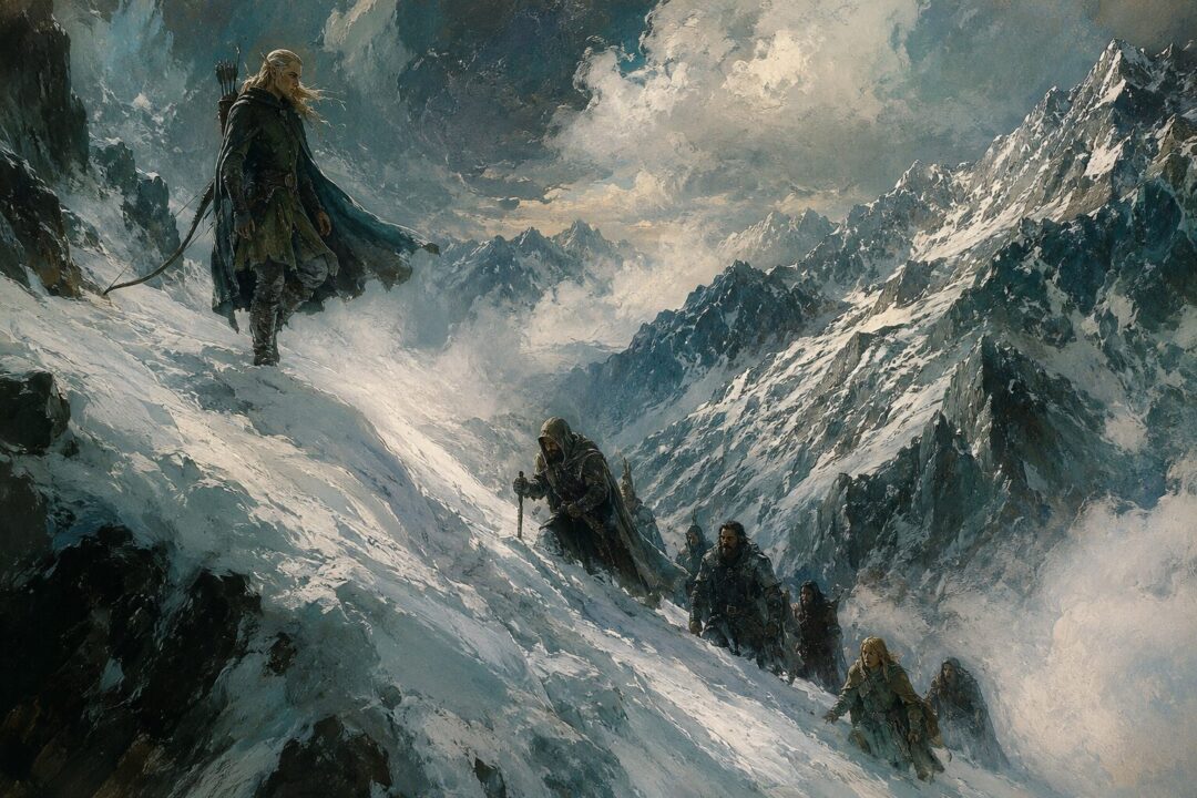 Legolas walking lightly across deep snow on the slopes of Caradhras while the Fellowship struggles behind.