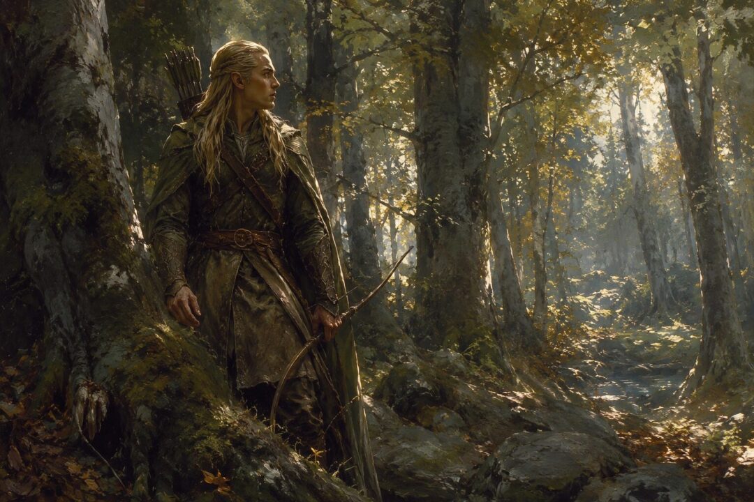 Legolas standing quietly in the Woodland Realm listening into the distant forest.