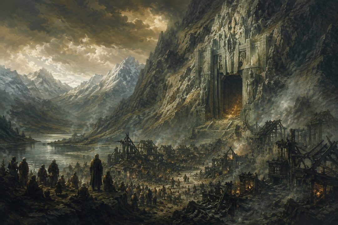 The Lonely Mountain overlooking ruined Dale after Smaug's death, showing that an entire kingdom awaits restoration.