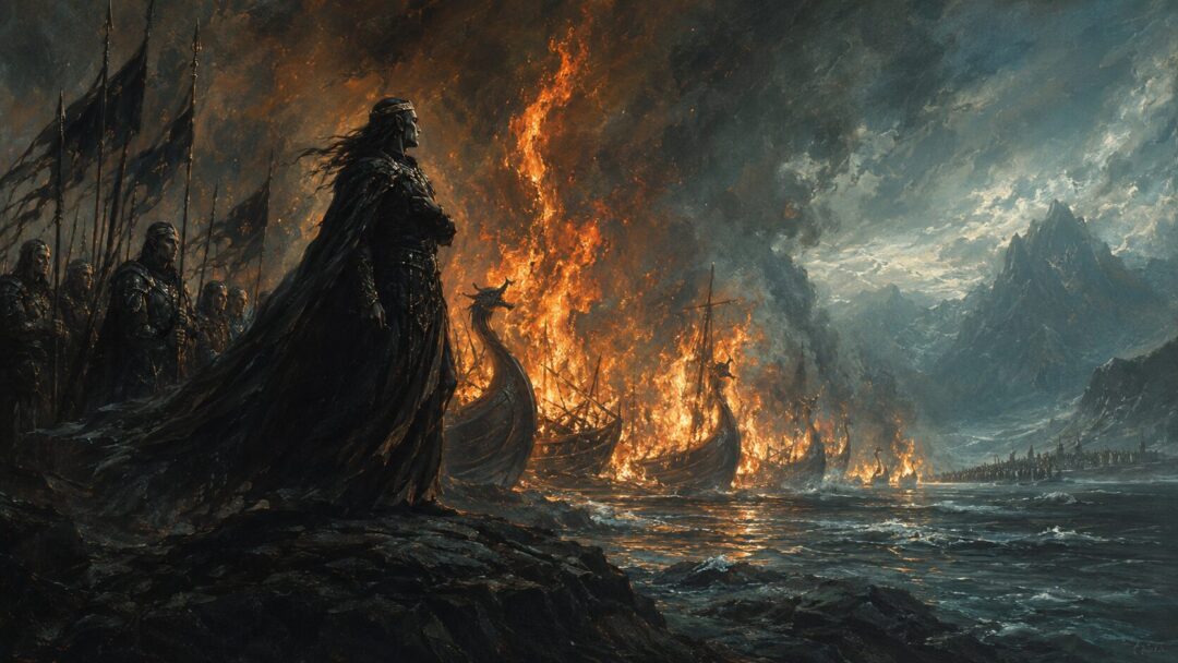 Fëanor silhouetted on a northern shore as the stolen ships burn at Losgar.