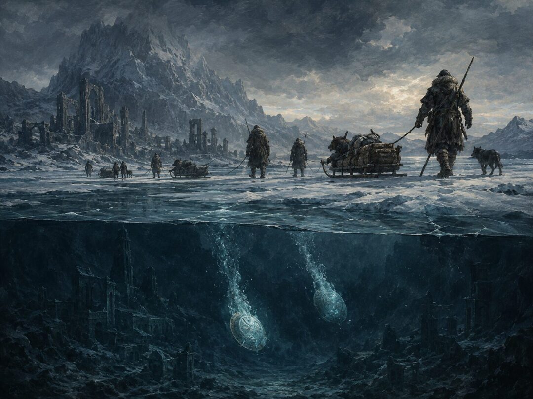 Two faint seeing-stones sink beneath the ice of Forochel while the Lossoth endure above the frozen bay.