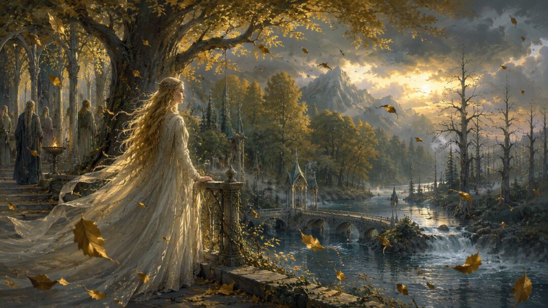 Lothlórien as its preserved beauty begins to yield to the ordinary passage of time after the One Ring's destruction.