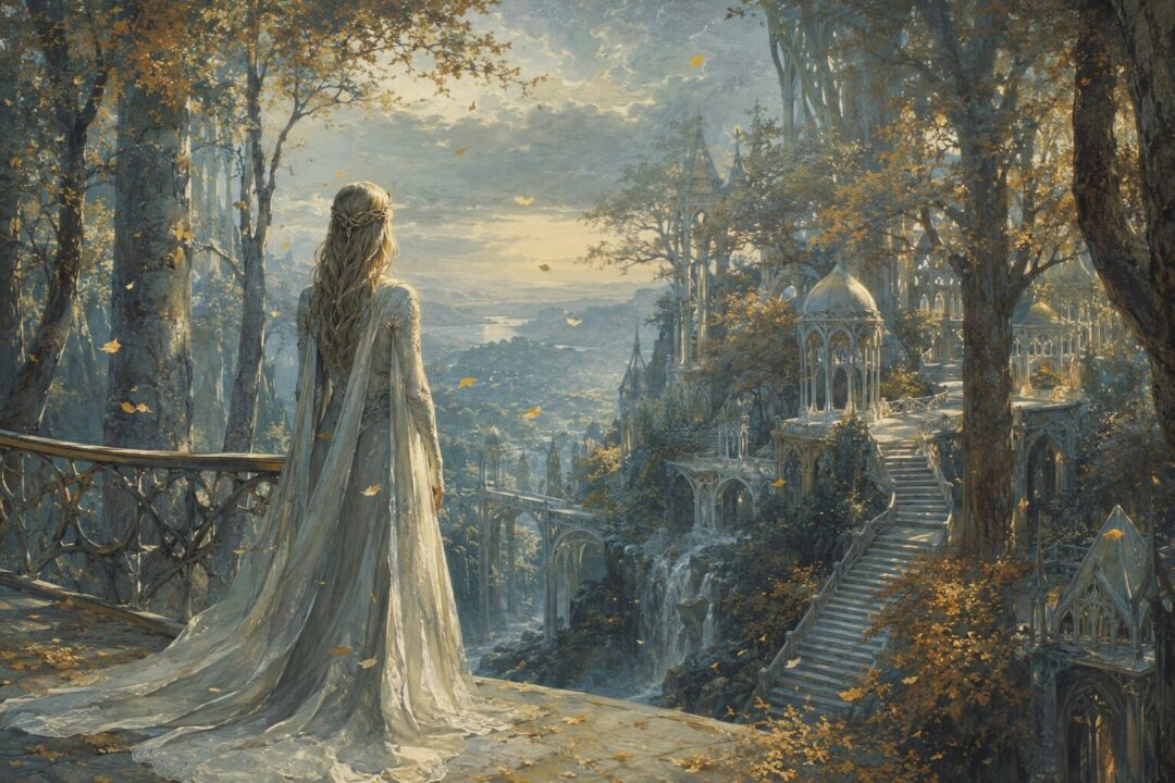 A fading golden woodland realm of Lothlórien with an Elven woman looking west.