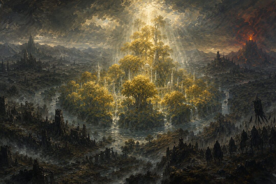 Symbolic view of Lothlórien preserved amid the decline of Middle-earth