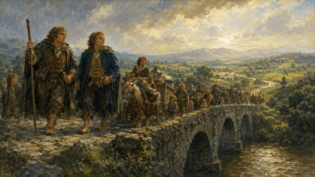 Marcho and Blanco lead Hobbits across the Bridge of Stonebows into the green lands of the Shire.