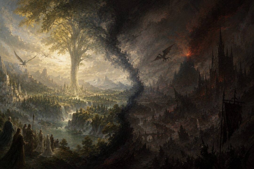 Middle-earth is shown divided between living creation and Morgoth’s spreading corruption.