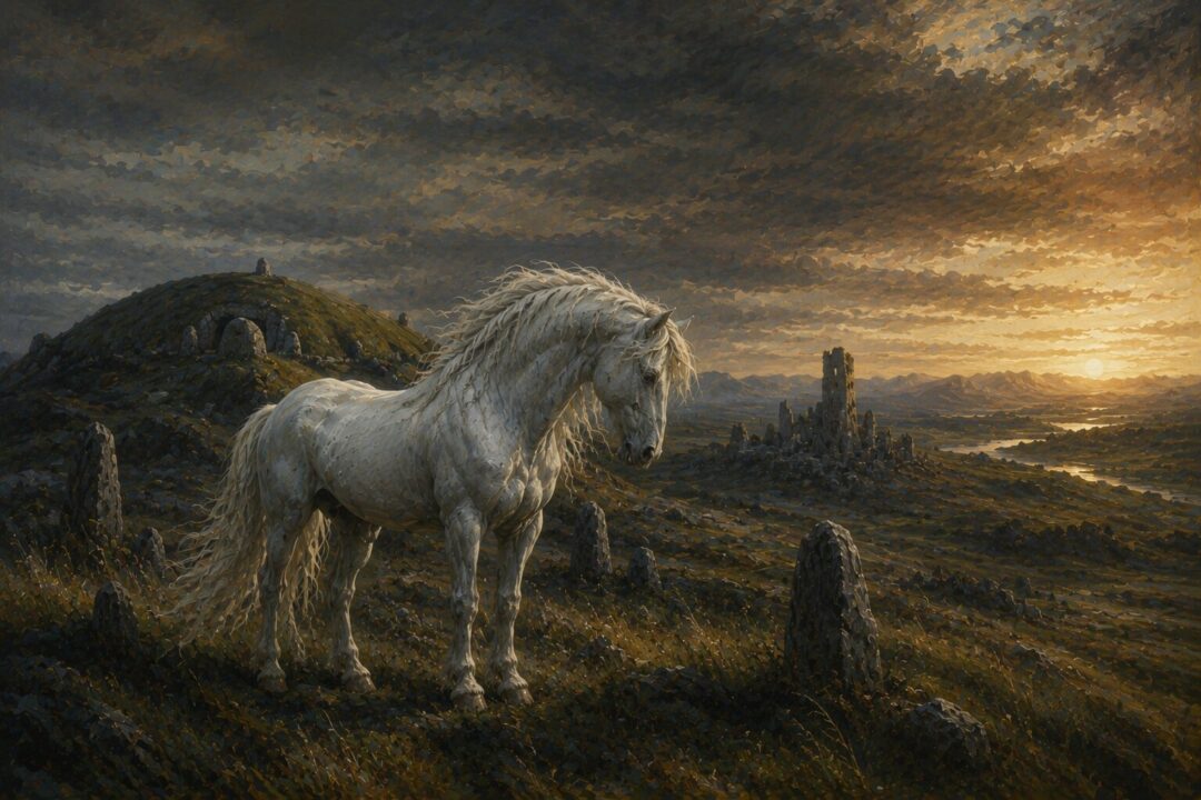 A solitary Mearas beside ancient burial mounds symbolizing the fading greatness of the elder days.