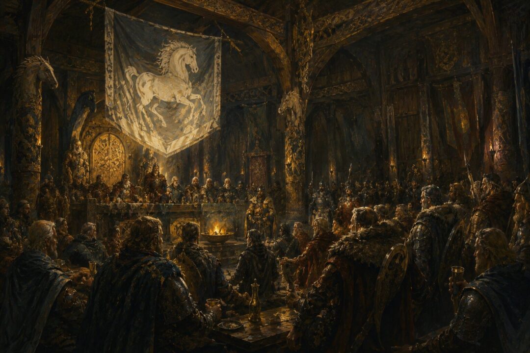 The hall of Meduseld with Rohirrim nobles gathered beneath the white horse banner.