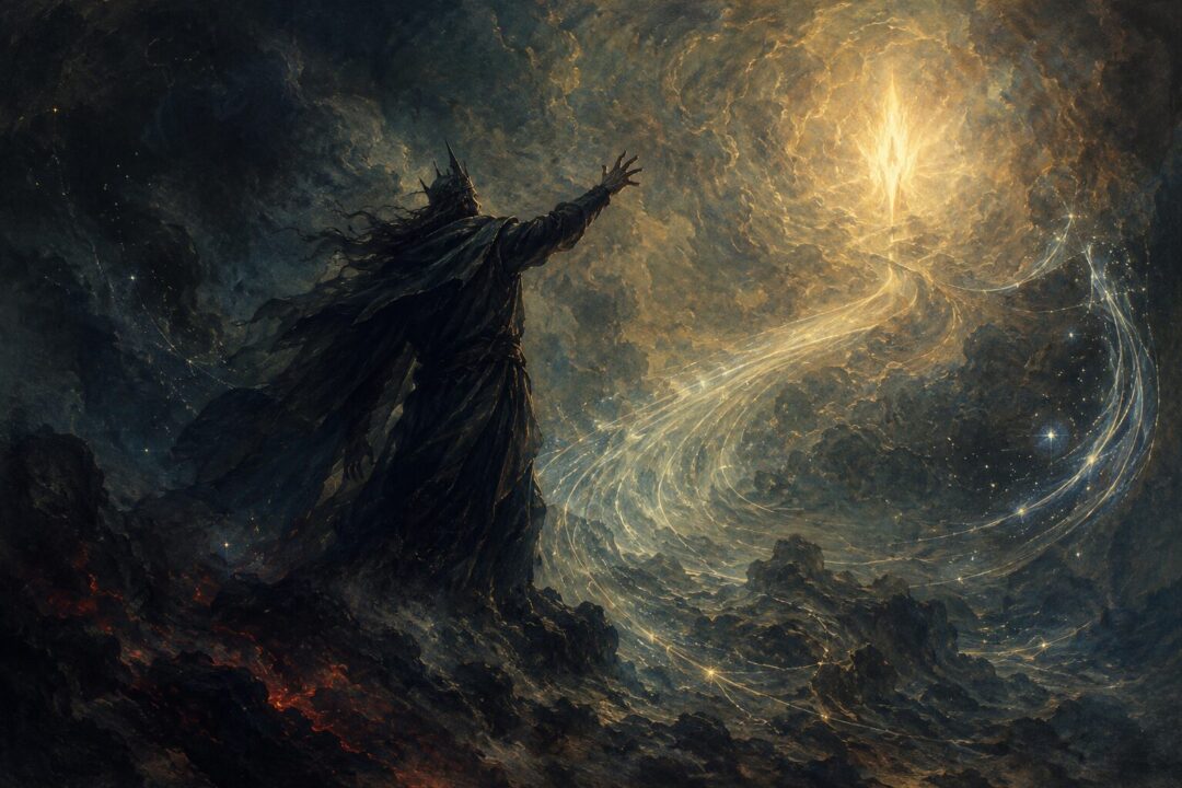 Melkor reaches toward a radiant flame in the darkness before the world.