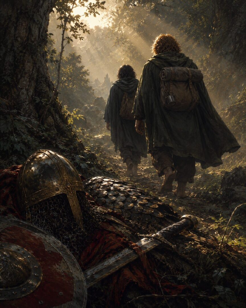 Sunlight falling across abandoned Haradrim armor as Frodo and Sam continue their journey.