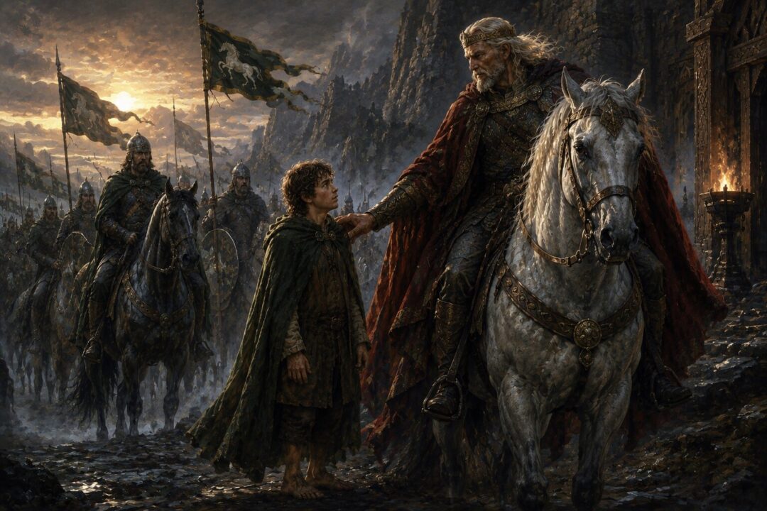 Merry secretly rides with Dernhelm toward the Battle of the Pelennor Fields.