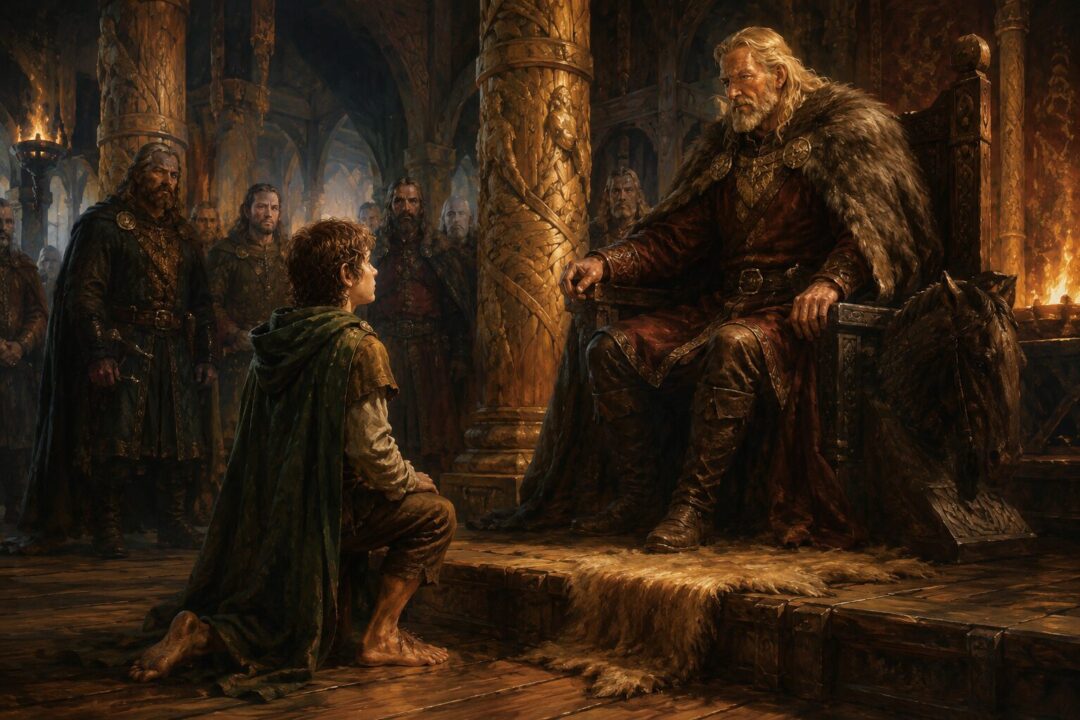Merry kneels before King Théoden as he is accepted into the royal household in Meduseld.