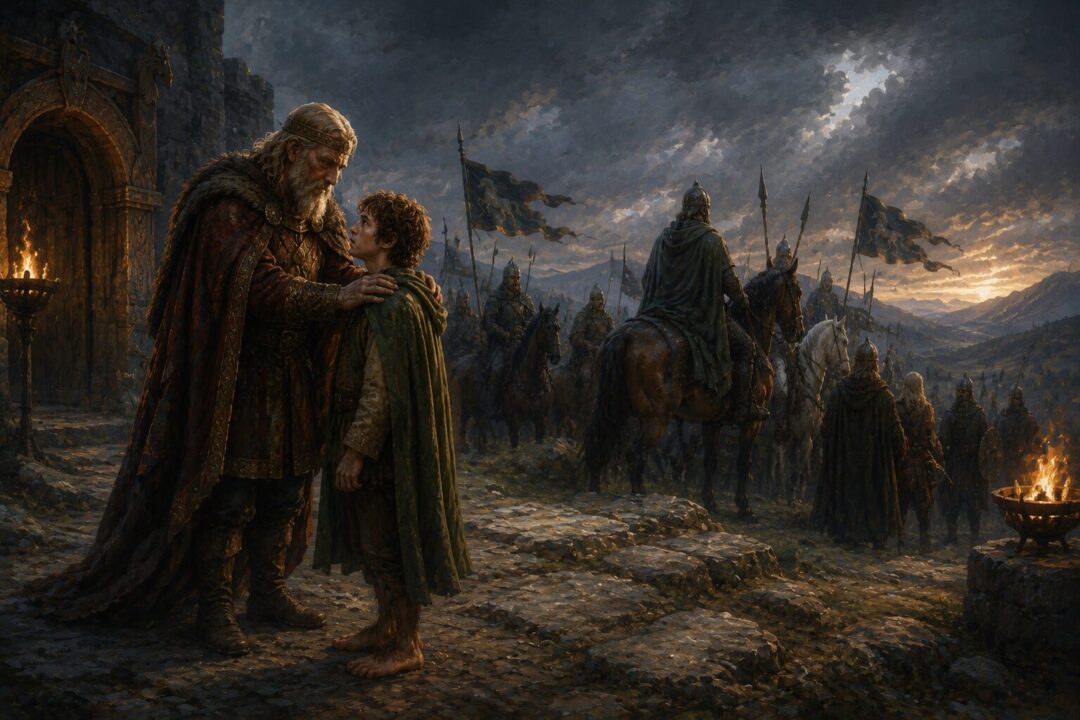 Merry returns to the Shire as a confident leader during the Scouring of the Shire.