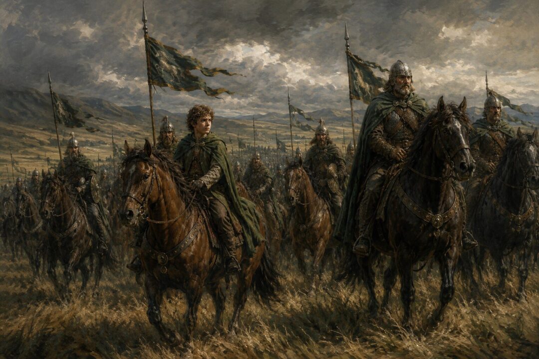 Merry watches Théoden prepare to ride after being ordered to remain behind.