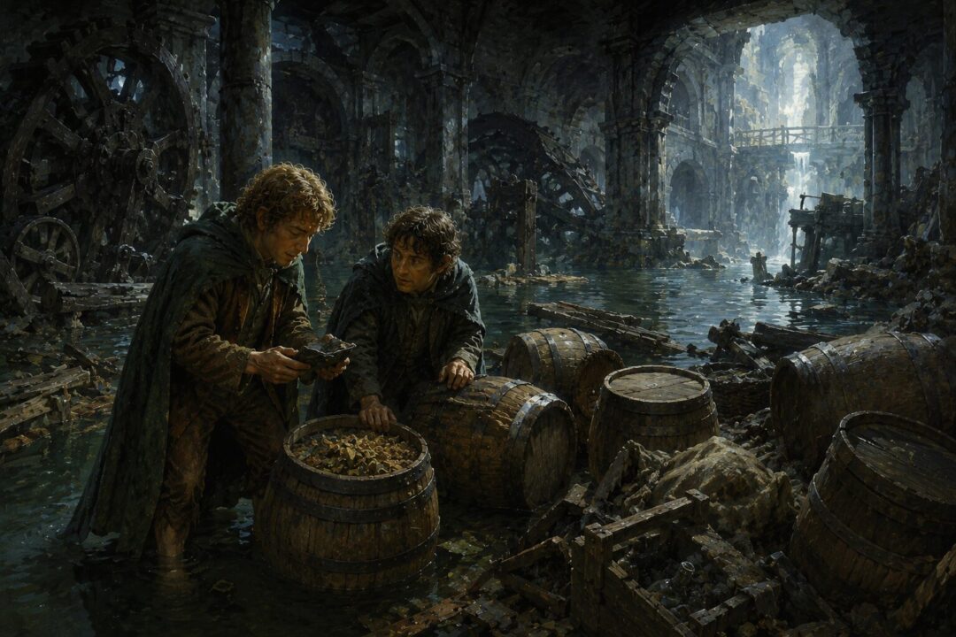Merry and Pippin discovering barrels of Southfarthing pipe-weed in Isengard.