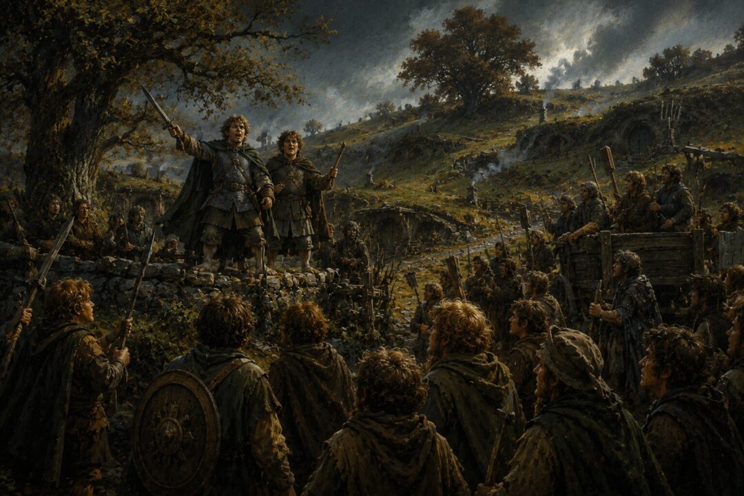 Merry and Pippin rally Shire hobbits before the Battle of Bywater.