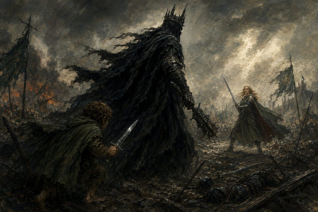 Merry stands small and afraid behind the Witch-king, ready to strike with his ancient blade.