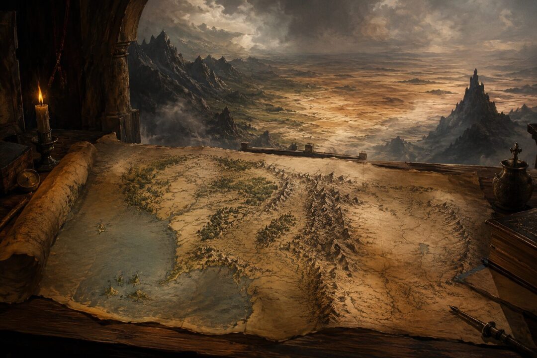 Ancient map showing the familiar lands ending before the distant regions of Harad and Khand.