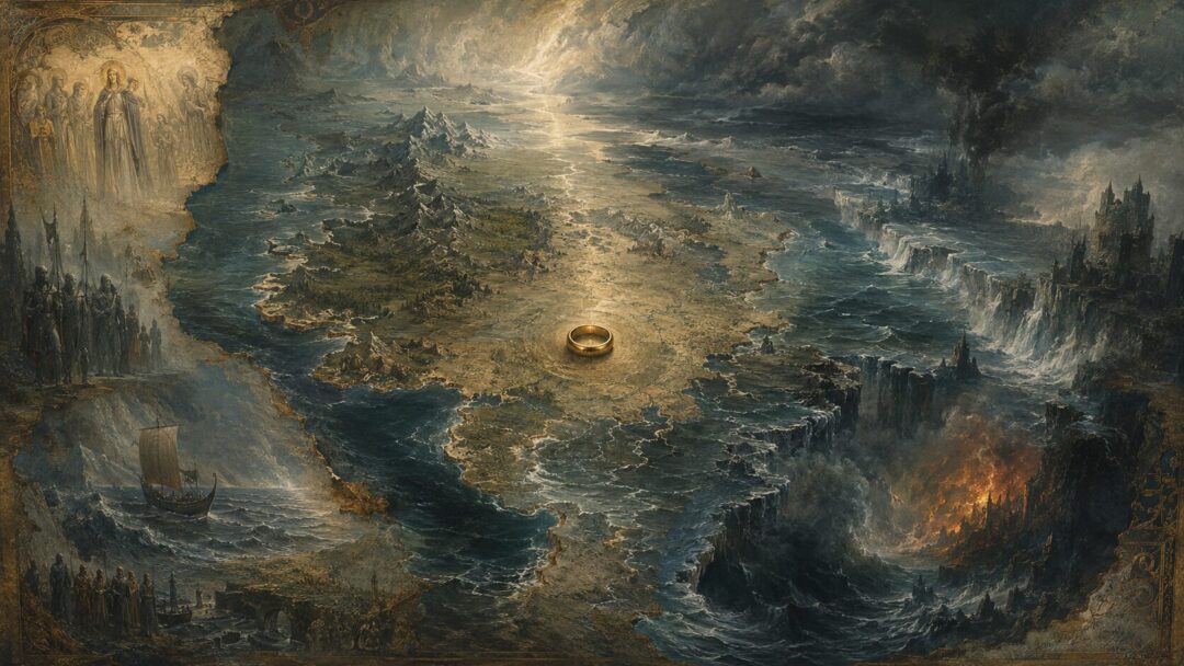 A symbolic vision of changing Middle-earth coastlines surrounding a small golden Ring.