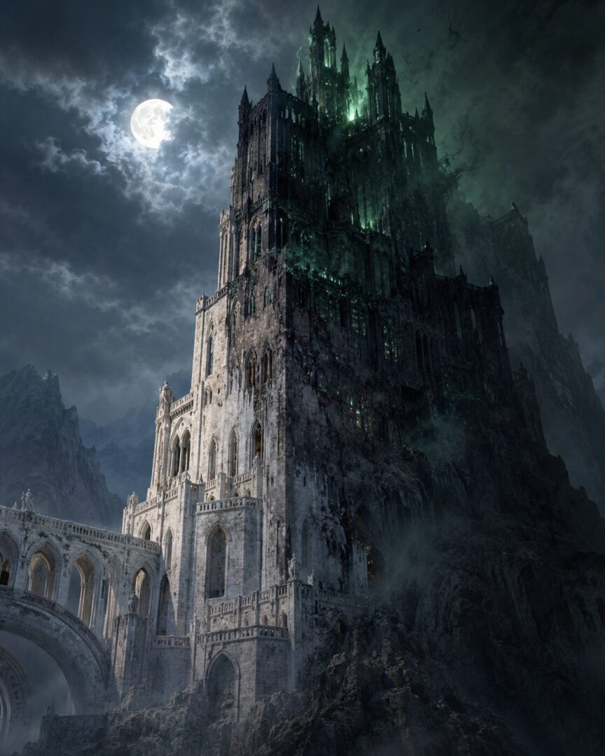A fair moonlit Gondorian tower visually transforming into the corrupted fortress of Minas Morgul.