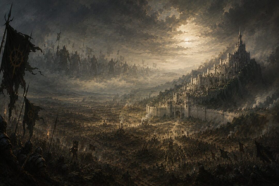 Symbolic view of Minas Tirith with imagined absent eastern armies fading beyond the horizon.