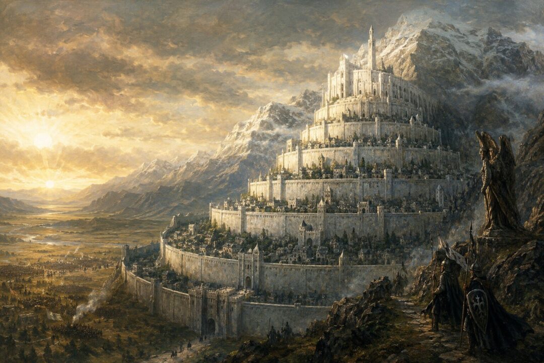 Minas Tirith rising in seven fortified levels on the slopes of Mindolluin at dawn