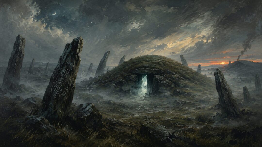 A misty Barrow-downs burial mound surrounded by ancient standing stones at twilight.