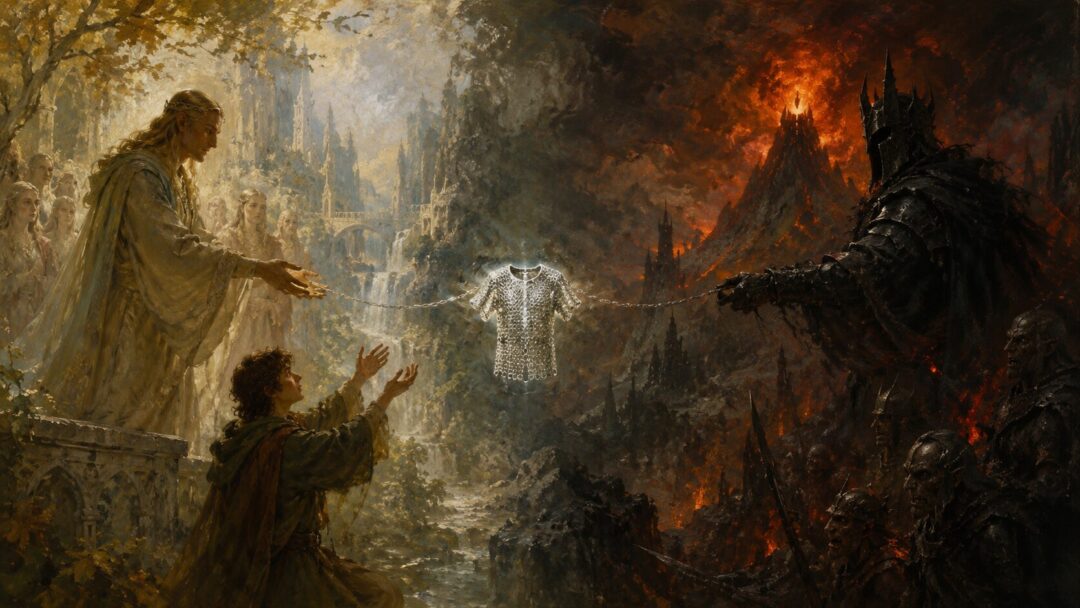 A symbolic scene contrasting Frodo’s mithril shirt as a gift of friendship and as a weapon of despair.